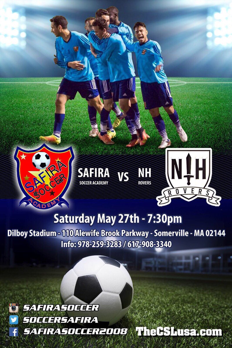<a href="/SoccerSafira/">Safira Football Club</a> let's support our team against <a href="/NHRovers/">NH Rovers</a> sat@8pm <a href="/CSL_USA/">S L</a> <a href="/NonLeagueUSA/">NonLeagueAmerica</a> <a href="/ESPNFC/">ESPN FC</a> <a href="/VilleJournal/">Somerville Journal</a> <a href="/CSL_USA_NE/">CSL_USA_NE</a>