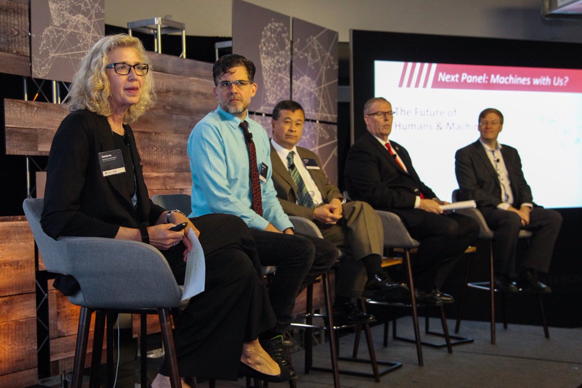 JHUAPL's tweet photo. APL's Christine Fox leads panel on "Machines with Us?" with David Hanson, Geoffrey Ling, @DepSecDefWork &amp; @anderssandberg #ISCForum2017 https://t.co/UmkhgJYMA5