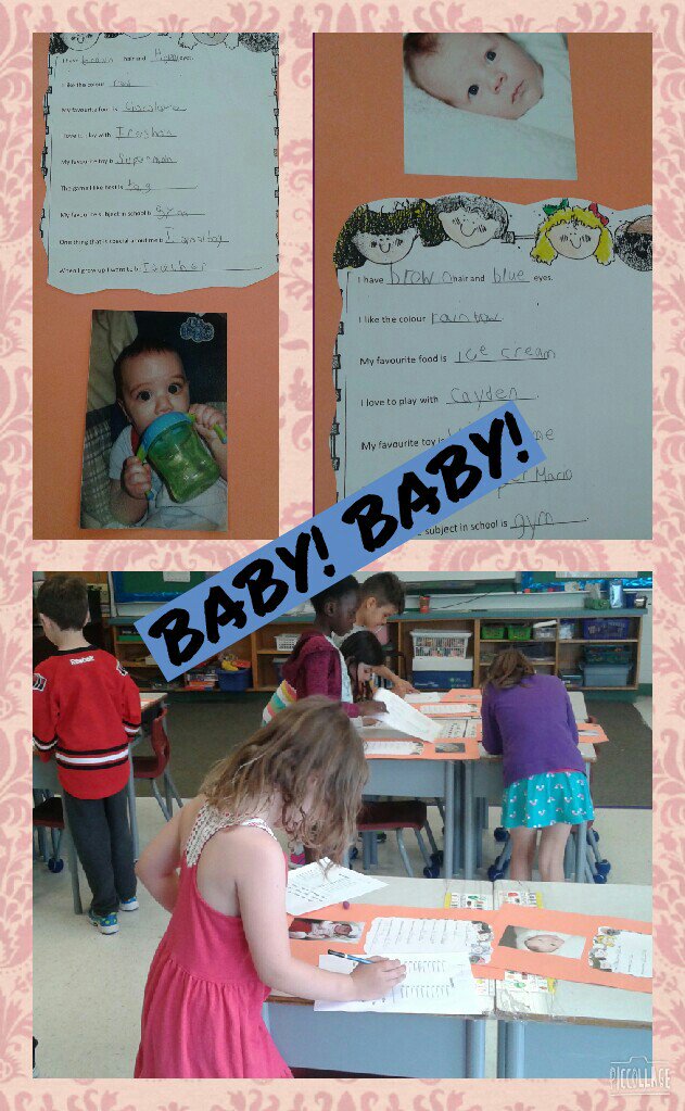 DebMilne14's tweet photo. Grade Ones wrote about themselves and then attached a baby picture.  Today we played GUESS WHO!  #readingclues #toocute #lukocsb https://t.co/GJWmbNwzJy