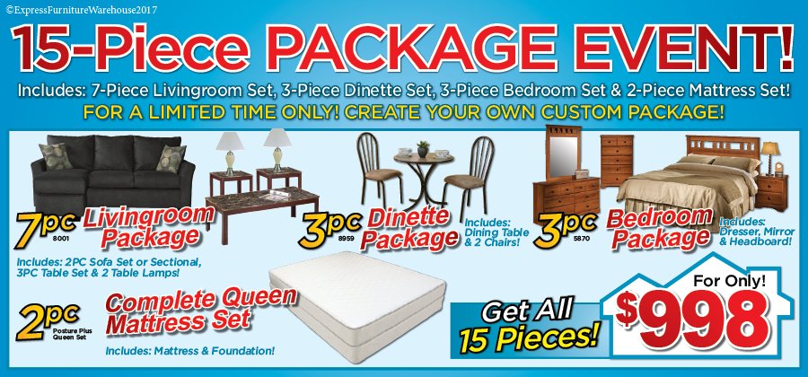 ShopEFW's tweet photo. Create Your Own House Full Package! 7PC Living Room, 3PC Dinette, 3PC Bedroom Package &amp; 2PC Mattress Set! 15-Pieces starting from only $998 https://t.co/V01OURClBu
