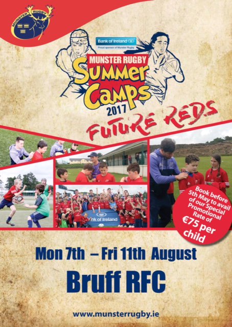 Munster summer camp will be back again at Bruff rfc Monday 7th-11th Aug , register on line now for a fun week of rugby.