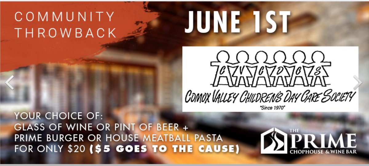 prime_chop's tweet photo. On June 1 we host another #communityThrowback dinner. Dine with us and help us raise funds for the CV Children's Daycare Society! #weareyqq https://t.co/2NmG5AnbMP
