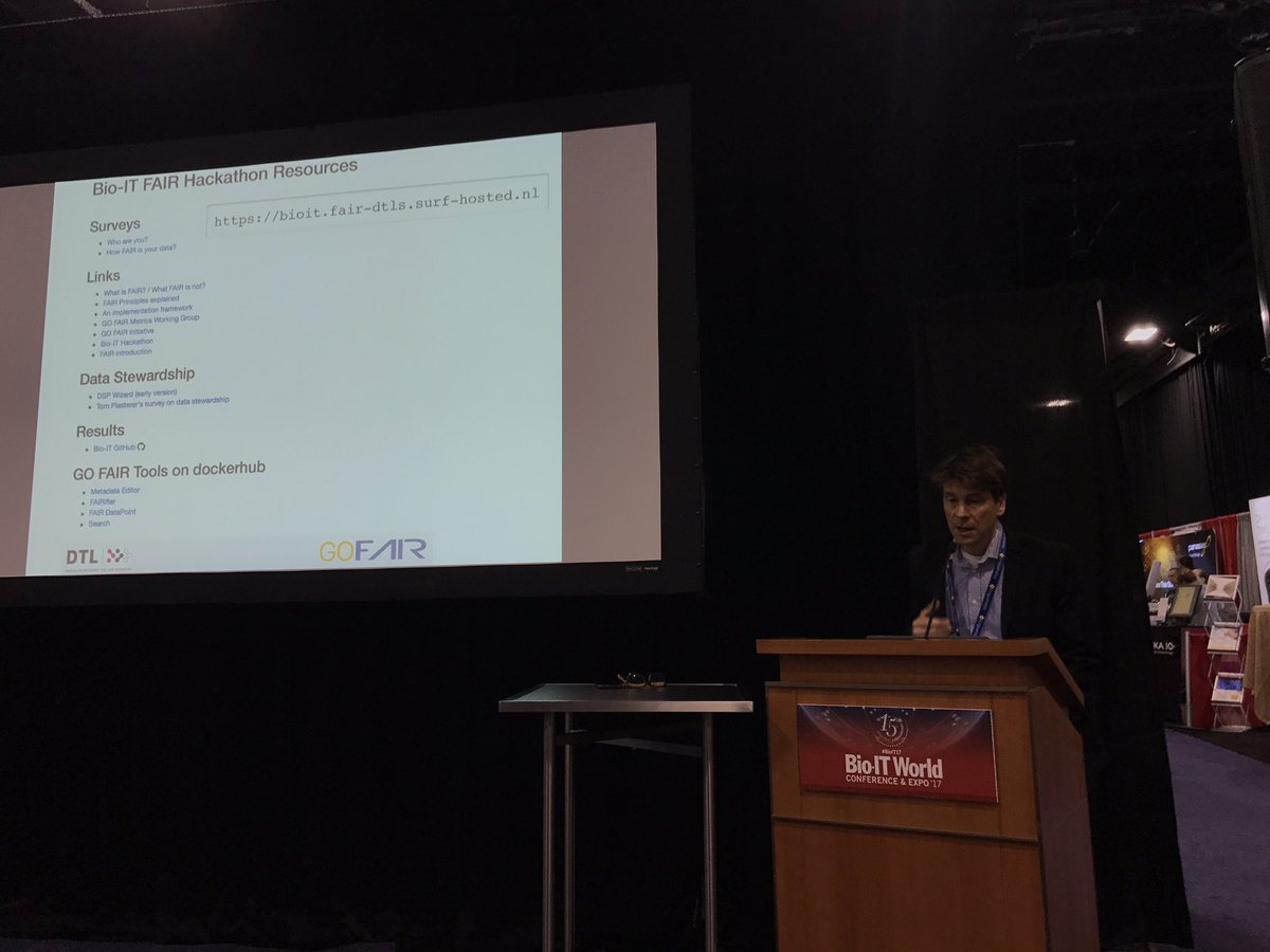 fpattyn's tweet photo. Come join us at the Presentation Theater in the exhibitor hall #BioIT17. The public demos of #FAIR data are going to begin #BioITDatathon https://t.co/CCrIhM2ihx