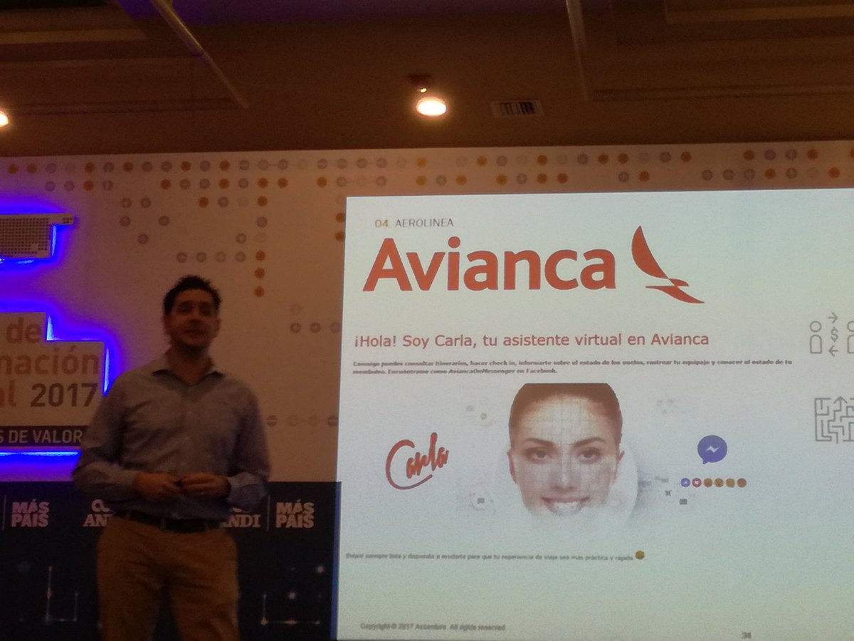 manuelkano's tweet photo. Uso real de #InteligenciaArtificial con @Avianca y @Accenture para mejorar la experiencia de cliente #AppBot #ANDISummit2017 @ANDI_Colombia https://t.co/CW9N3eV0EW