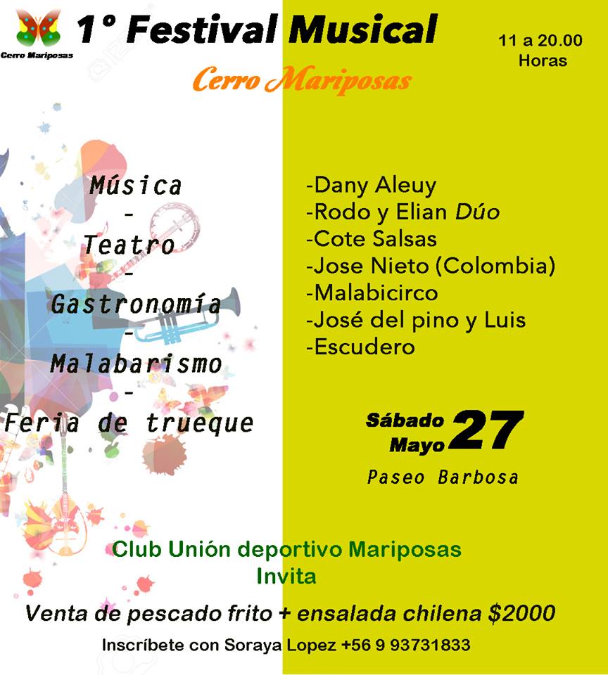 valpoturistico's tweet photo. Imperdible en #Valparaíso 1er Festival Musical en Cerro Mariposas. #Música #Teatro #Gastronomía #FeriaDeTrueque Sábado 27 de Mayo. 🎼🎭 https://t.co/rtk6n0BuXK