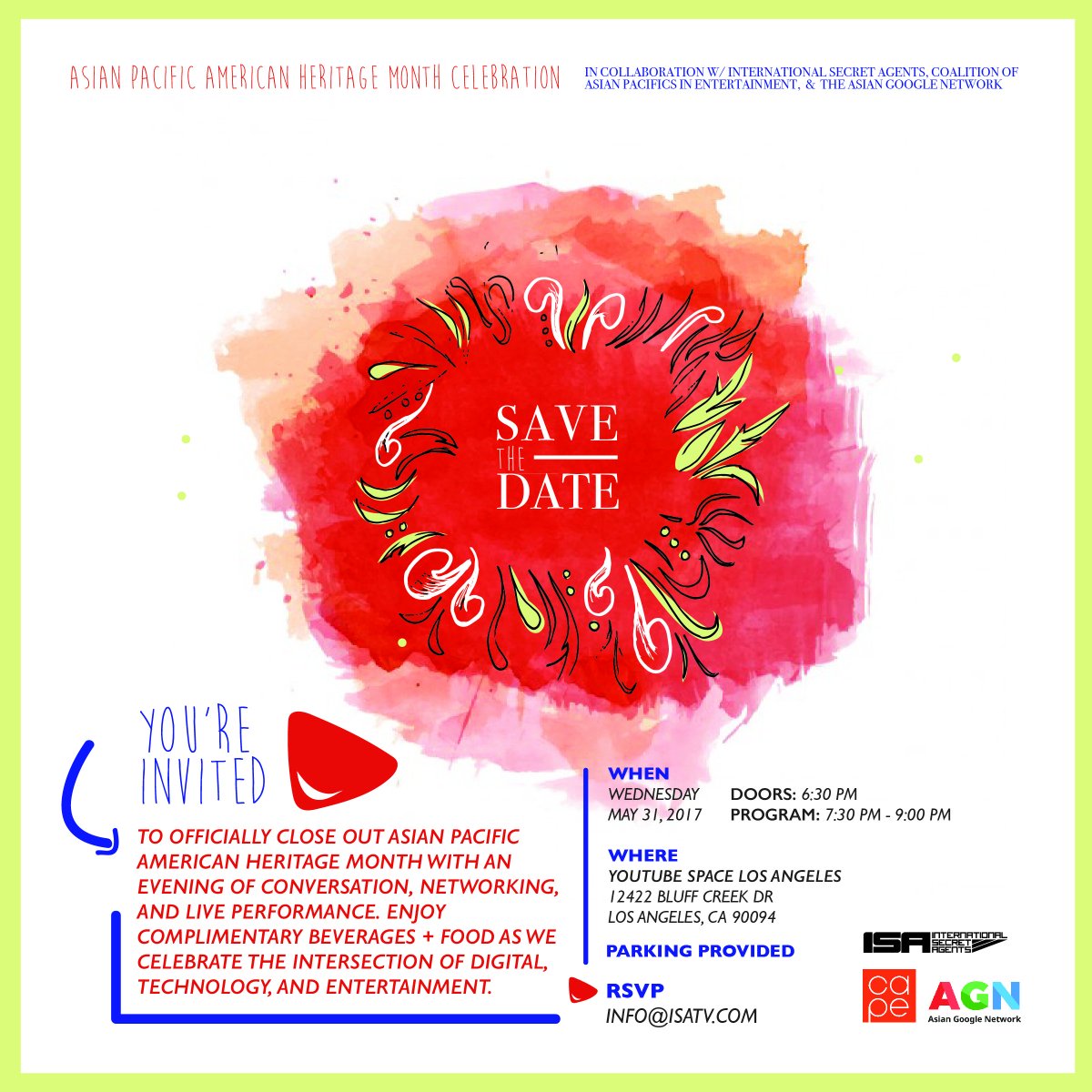 CAPEUSA's tweet photo. #SaveTheDate 5/31! We're celebrating #APAHM w/ @ISATVofficial &amp; #AsianGoogleNetwork at @YouTubeSpaceLA &amp; it's FREE! RSVP: info@isatv.com. https://t.co/lEe2UZkF7S