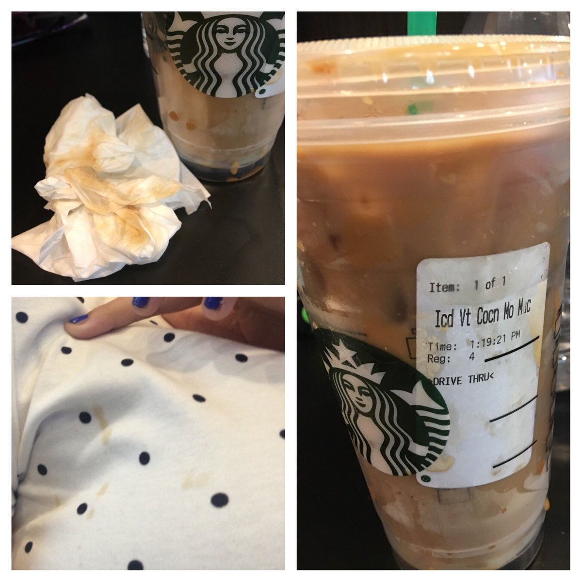 Jesseca_B's tweet photo. Thanks @Starbucks for saying my drink is "a little full" &amp; then it being so messy it immediately dripped all over my new white shirt. ☹️ https://t.co/zxjSA0Z302