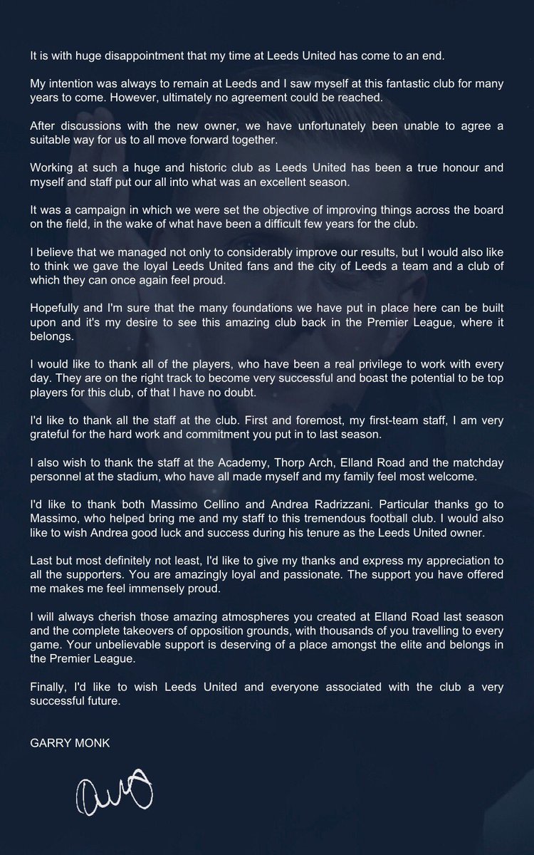It is with huge disappointment that my time at Leeds United has come to an end...
