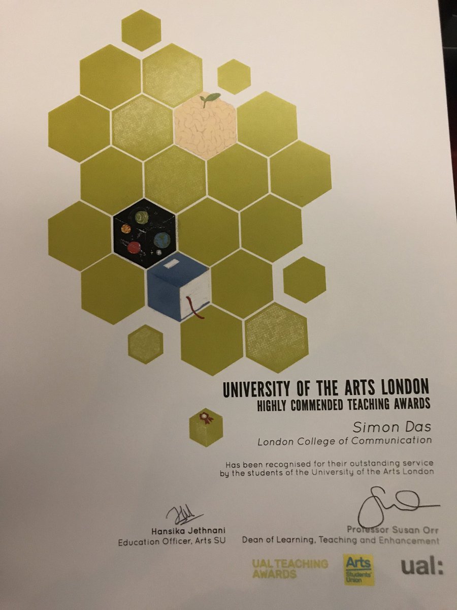 thedasman's tweet photo. UAL teaching awards. Congrats to @LCCLondon student reps and teaching staff who got commended. I'm very chuffed with mine! https://t.co/SmlvheLRm0