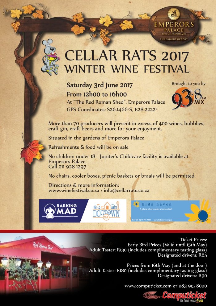 #CellarRatsWinterWineFestival on Sat3June -12pm to 4pm at #TheRedRomanShed <a href="/EmperorsPalace/">Emperors Palace</a> Tix <a href="/Computicket/">Computicket</a>  Taste 400+ products @Mix938FM