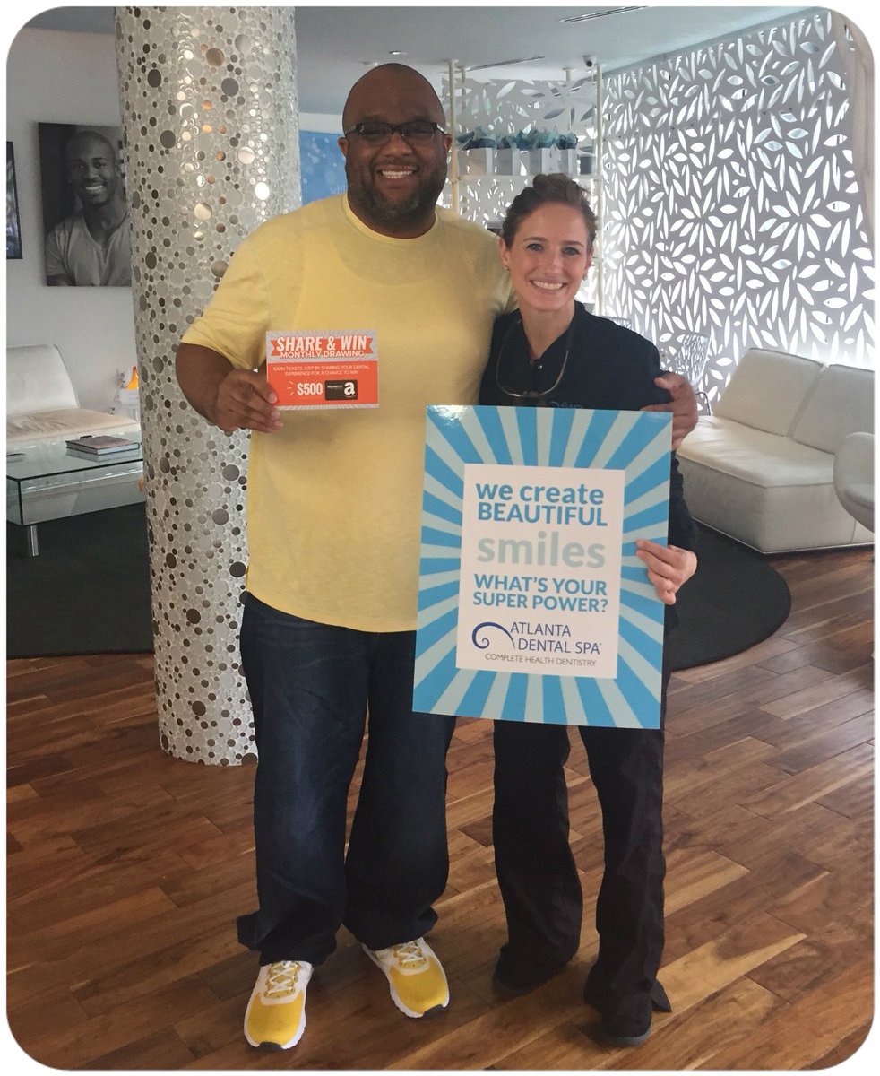 AtlDentalSpa's tweet photo. Our #shareandwin winner Damon B shows off his killer smile, and his $500 Amazon gift card! #dentalexperience #spenditallinoneplace https://t.co/OQSkbca4vW