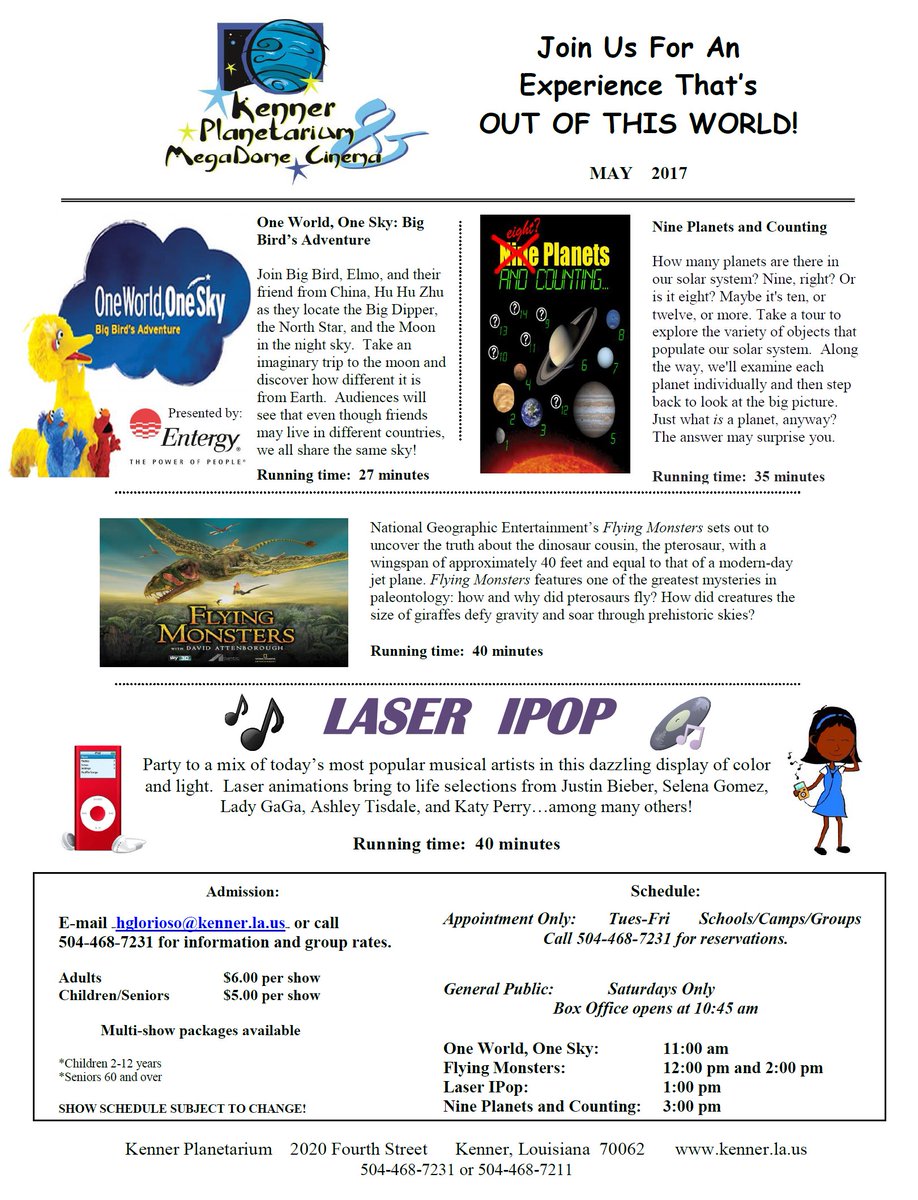 JeffersonLAFun's tweet photo. Check out @CityofKenner Planetarium & MegaDome Cinema's May 2017 Schedule! #visitjeffersonparish #visitkenner https://t.co/NBqL54ZeaU https://t.co/BWxKl7jmVq