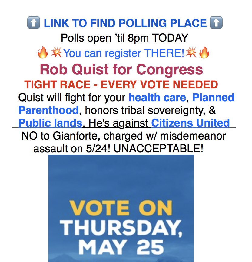 SallyDeal4's tweet image. #montanaspecialelection #VoteQuist #RobQuist #Quist #MTAL #Montana NO #AHA #Medicare #ThursdayThoughts Polls▶️ iwillvote.com RT!!