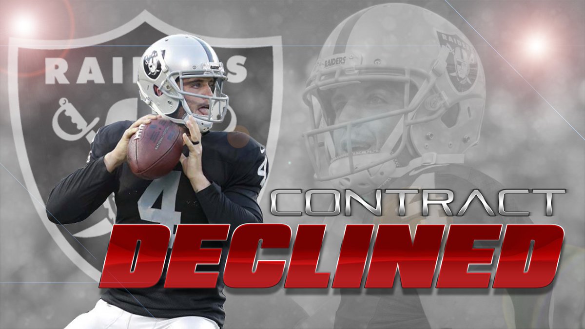 MblWeekly's tweet image. Derek Carr DECLINES the Raiders Contract Extension, will Oakland try to Franchise Tag their star QB? @BomberLeague