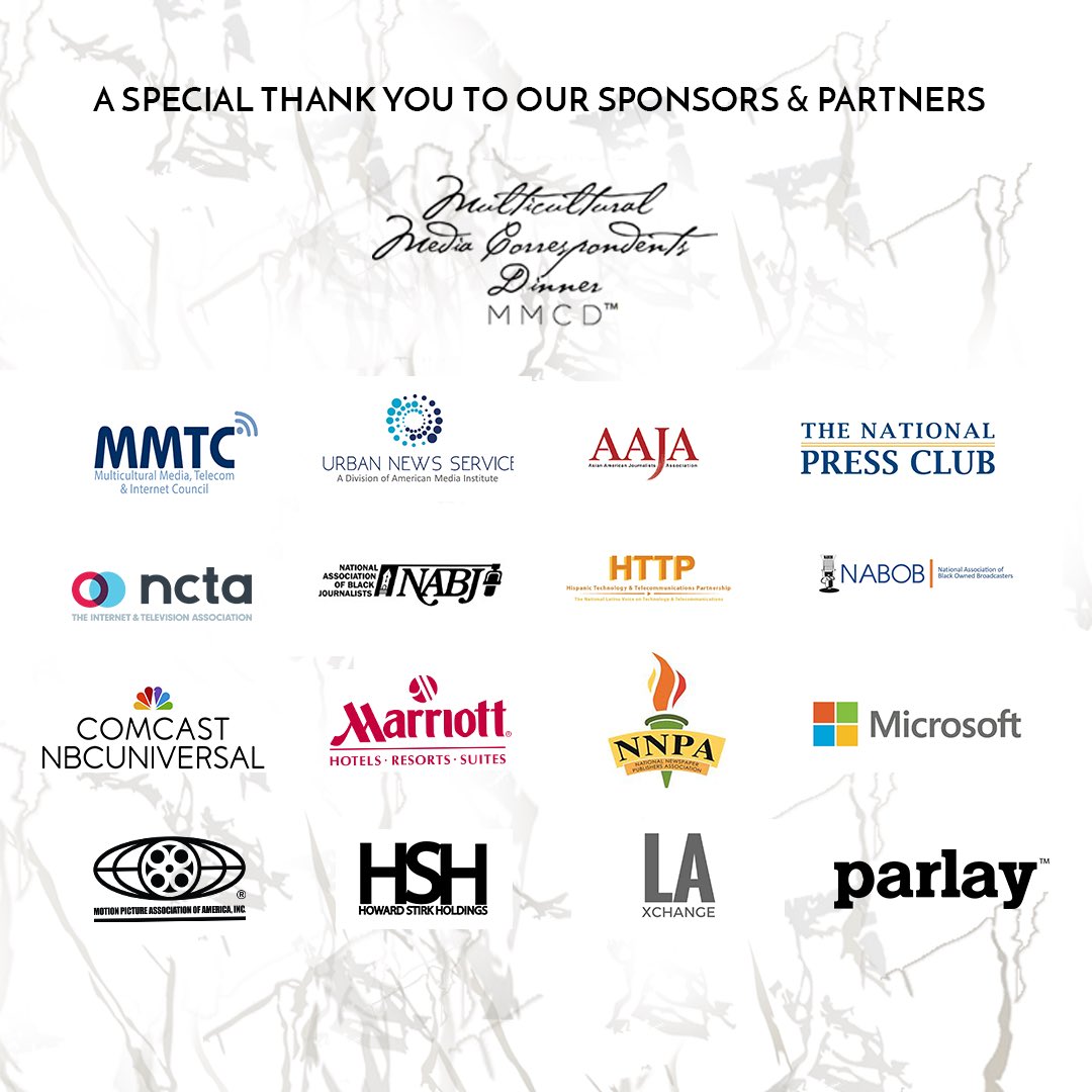 voteitloud's tweet photo. Our sponsors of tonight! @comcast @mmtconline @httponline @aaja @NCTAitv @NABJ @nabob @Microsoft @Marriott @MPAA @PressClubDC @urbannewssvc https://t.co/ztHfAFexoR