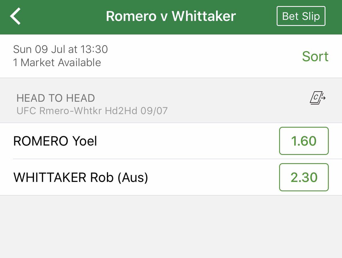 KristenFahd's tweet photo. #RobWhittaker and #YoelRomero market up for #UFC213!! #TeamWhittaker 🇦🇺 #InterimTitle #UFC #TAB https://t.co/4XWcmwUeDG