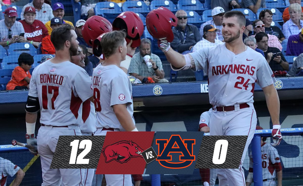 SECNetwork's tweet photo. THE FIRST NO-HITTER IN SEC TOURNAMENT HISTORY!!!!

@RazorbackBSB run-rules Auburn, 12-0. #WPS https://t.co/aOVCzS23CT