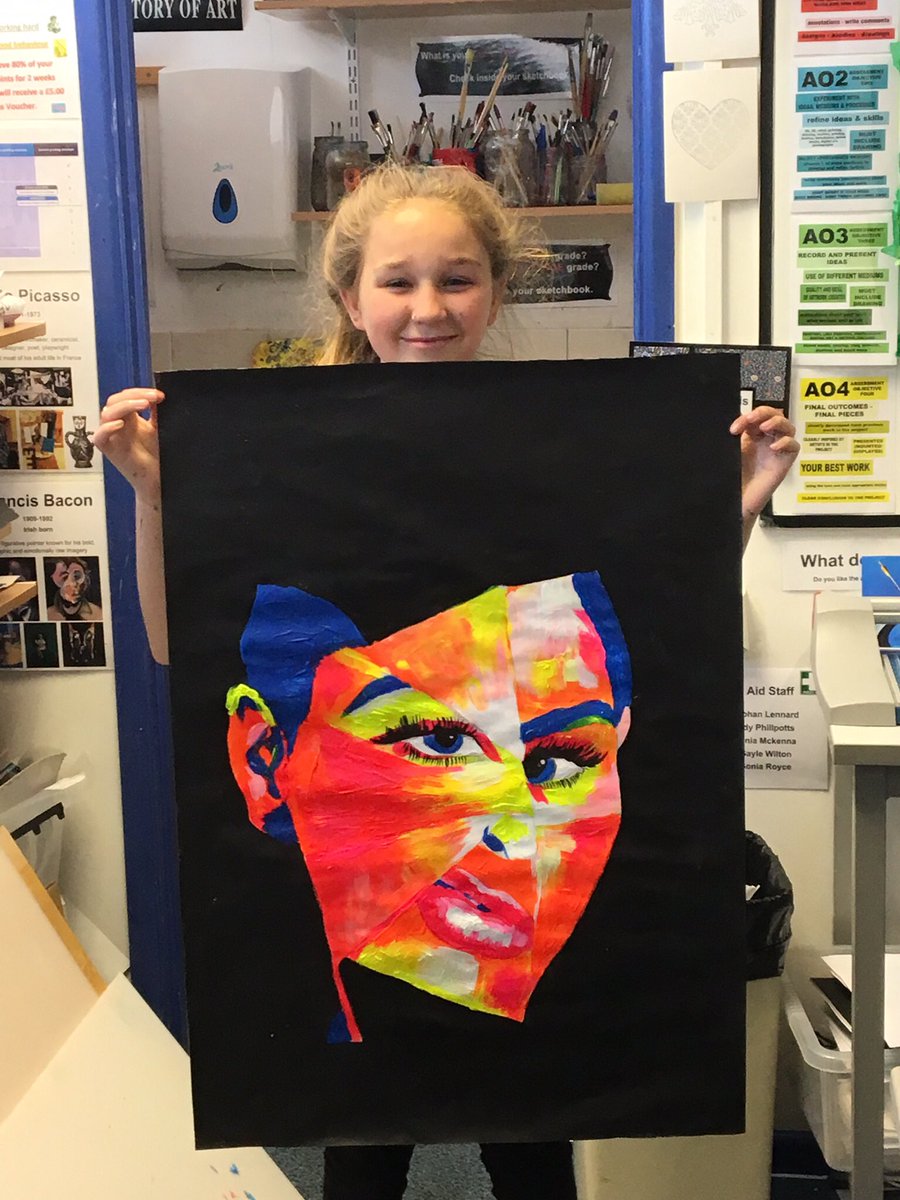 SamBP2's tweet image. Fab yr9 painting, distorted portrait, painting style inspired by Francoise Nielly, early GCSE entry 😊