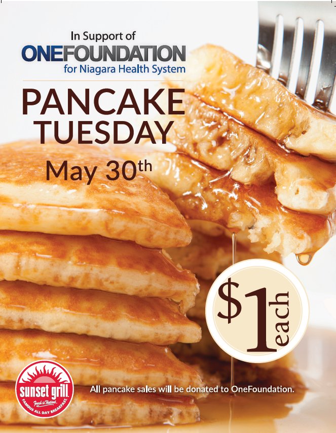 Visit <a href="/SunsetGrillCA/">Sunset Grill</a> St. Catharines at 300 Fourth Ave on Tues, May 30th for $1 Pancake Day in support of @1FoundationNHS!!!!