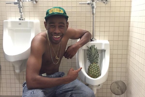 skheezerr's tweet photo. RT THIS PIC OF TYLER THE CREATOR POSING WITH A PINEAPPLE IN A URINAL FOR 5 YEARS OF GOOD LUCK https://t.co/adXtusjZG8