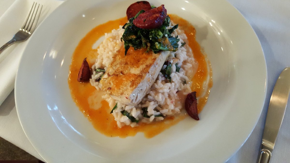 Pan seared Mahi-Mahi.  Beet green risotto. Roasted beets. Roasted tomato vinaigrette.