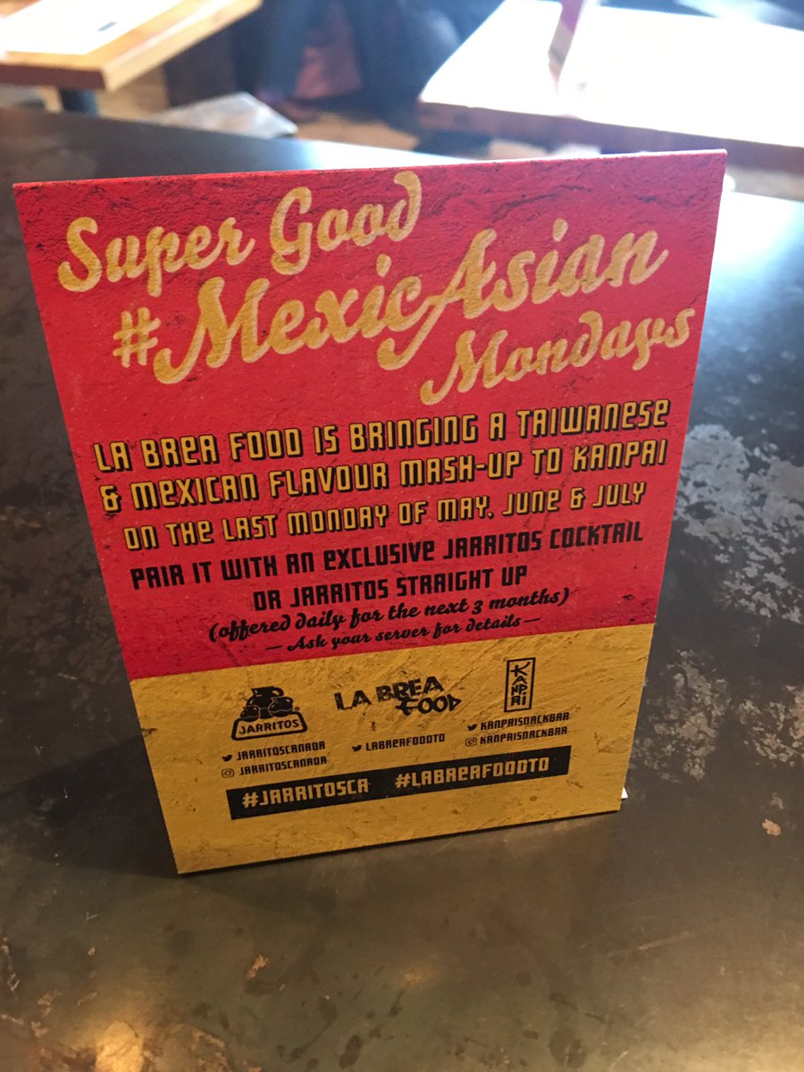 Monday it's goin down!@KanpaiSnackBar collab w/<a href="/JarritosCanada/">Jarritos Canada</a>. OG Tacos, Taiwanese Churros, cocktail special, Jarritos flavours #mexicasian