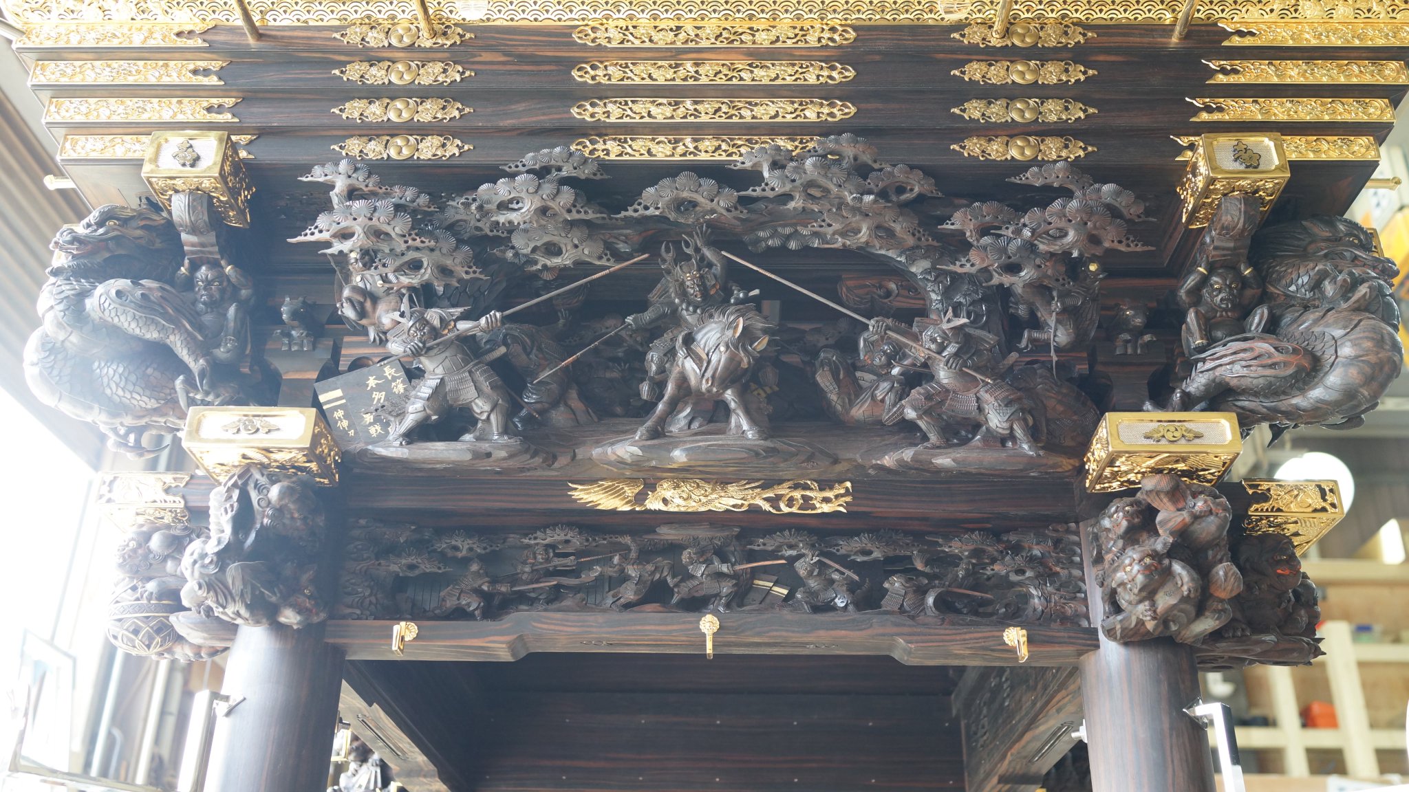 木彫4セット(布団太鼓　狭間　枡合　欅　龍　虎　武者　だんじり骨董太鼓台牡丹) 木彫4セット(布団太鼓 狭間 枡合 欅 龍 虎 武者 だんじり骨董太鼓台
