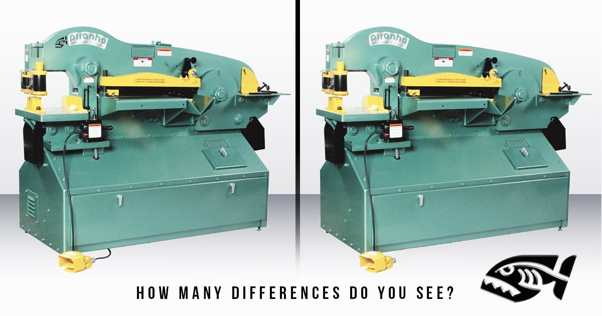 PiranhaFab's tweet photo. Tell us how many differences you see on the P-140 #Ironworker for a chance to win a Piranha t-shirt! #PiranhaTough #MetalFabrication https://t.co/kgpPnCYGbc