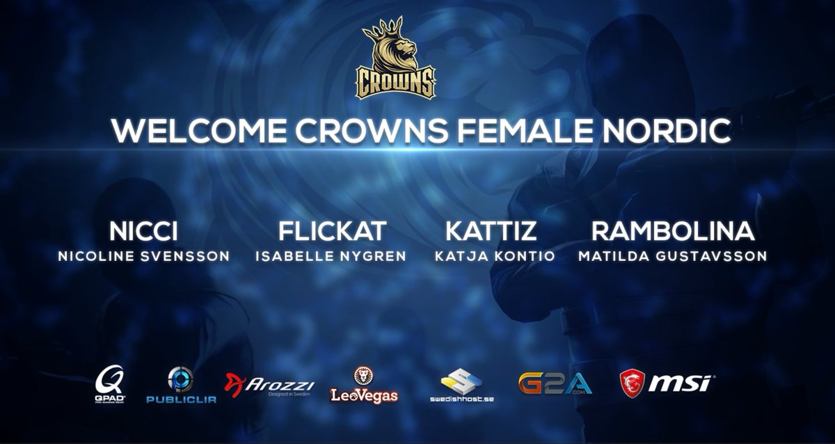 We want to introduce our CS:GO Female.Nordic team! You want to be a part of its future? crowns.gg/2017/05/25/wel…
<a href="/msitweets/">MSI</a> <a href="/LeoVegasSportSv/">LeoVegas Sport</a>