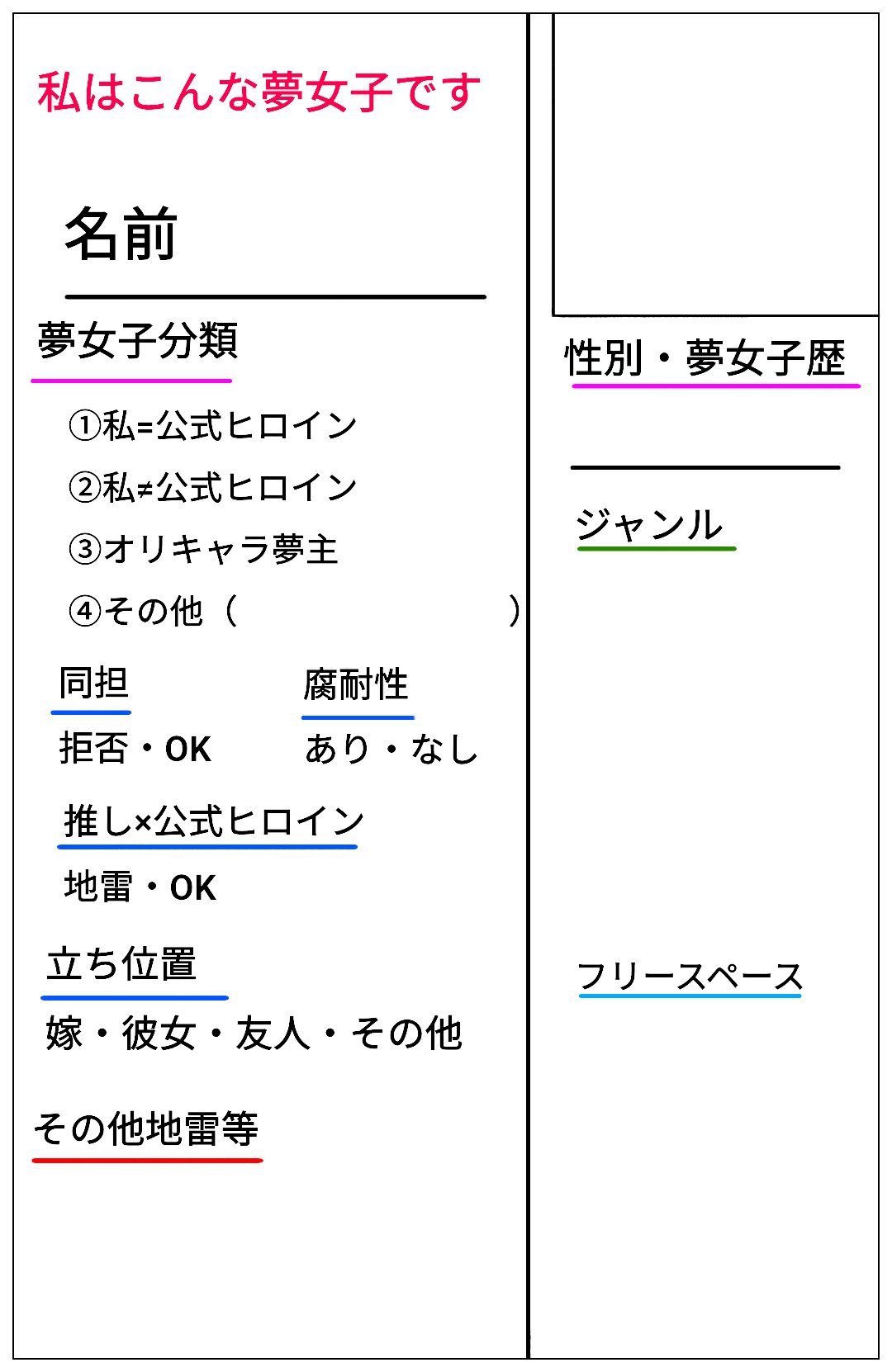 壮也 おはようございます 夜中にえっちらおっちら作りました夢女子自己紹介テンプレートです フリー素材にしとくので夢女子の皆さん是非お使いください 私はこんな夢女子です T Co Dfnqxrlpg4 Twitter