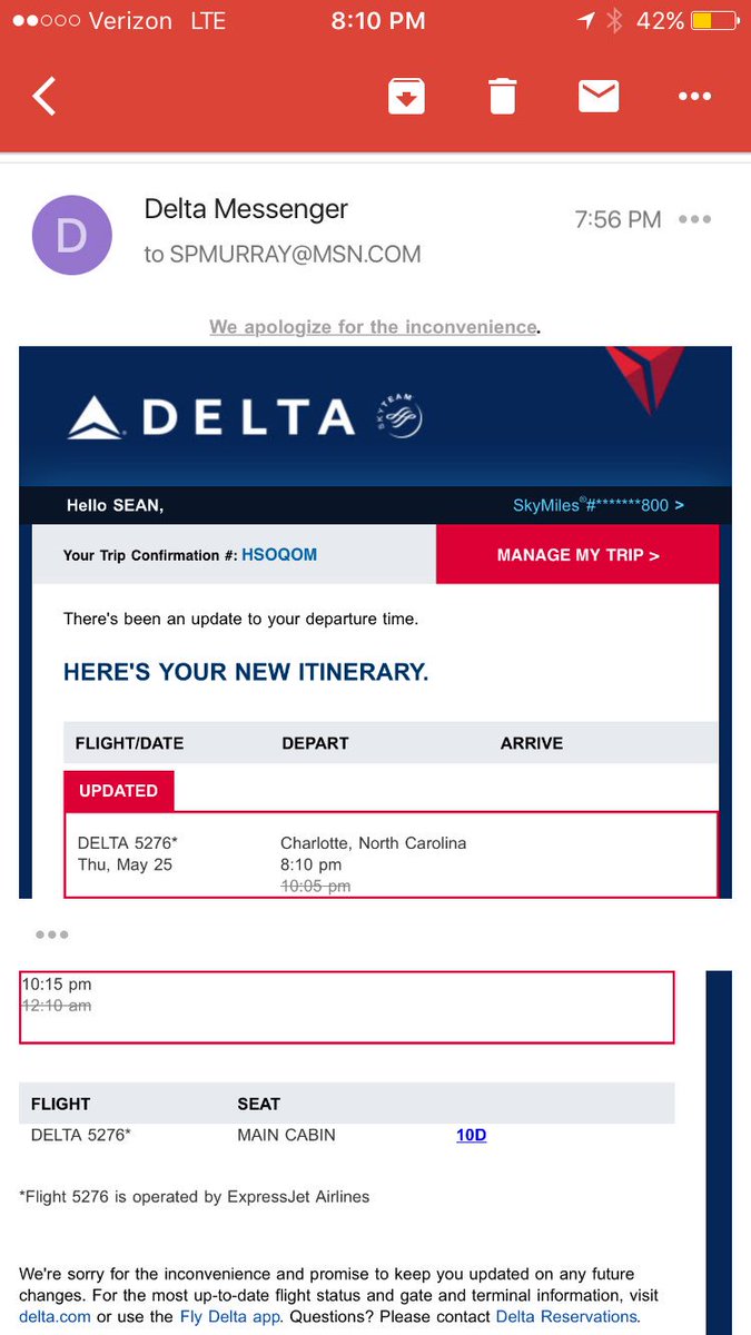 spmurr's tweet photo. @Delta just alerted me at 7:56pm that my flight that was delayed until 10pm was leaving at 8:10pm...Wow https://t.co/xL1a7AsH3Z