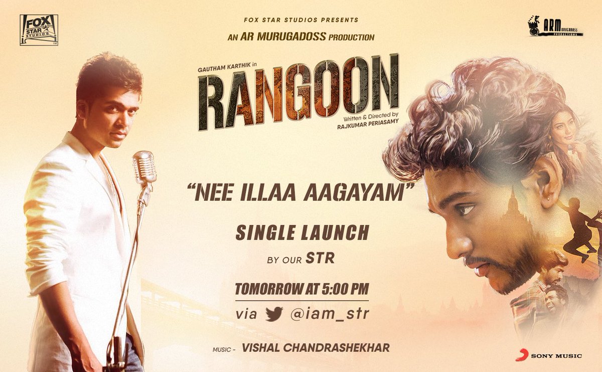 ARMurugadoss's tweet photo. STR to launch the next single of #Rangoon , a romantic number by @Composer_Vishal 👍 @iam_str Thank you brother! @foxstarsouth @Rajkumar_KP https://t.co/AbRbJo0jJN