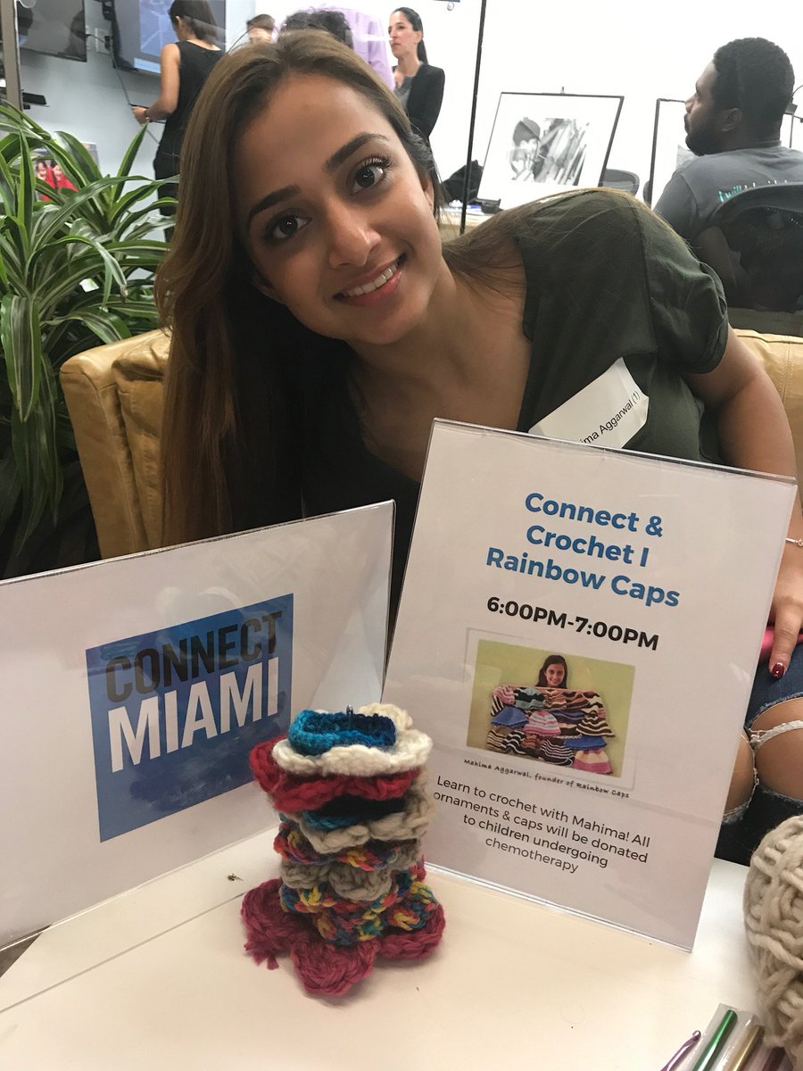 Momentum305's tweet photo. Big shout out to Mahima from #rainbowcaps. Thx for teaching us how 2 #crochetcaps for #kids going thru #chemo @ConnectMiami305 #socialimpact https://t.co/csK1qalX4p