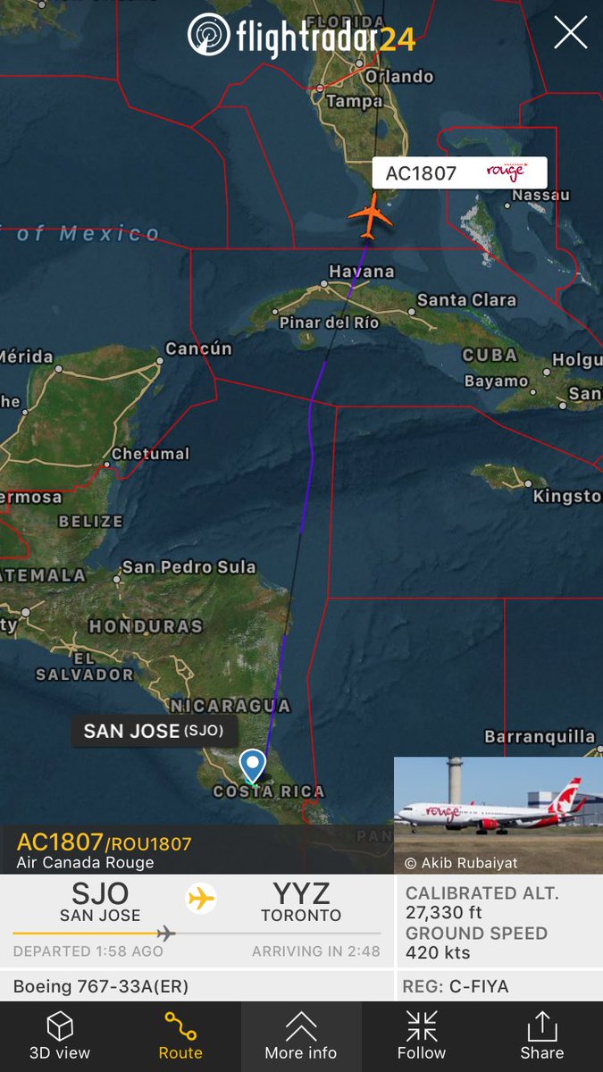 TomPodolec's tweet photo. DIVERSION @AirCanadaRouge #AC1807 San Jose to #Toronto diverting to Miami. Passenger issue. C-FIYA Boeing 767-300. https://t.co/JgRKwzwFaw