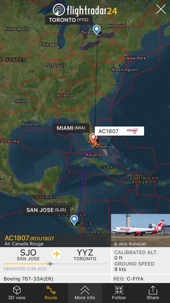 TomPodolec's tweet photo. Update @AirCanadaRouge #AC1807 San Jose to #Toronto diverted to Miami. Unruly passenger. Now at their gate at MIA. #ROU1807 https://t.co/I9bAXO29kx