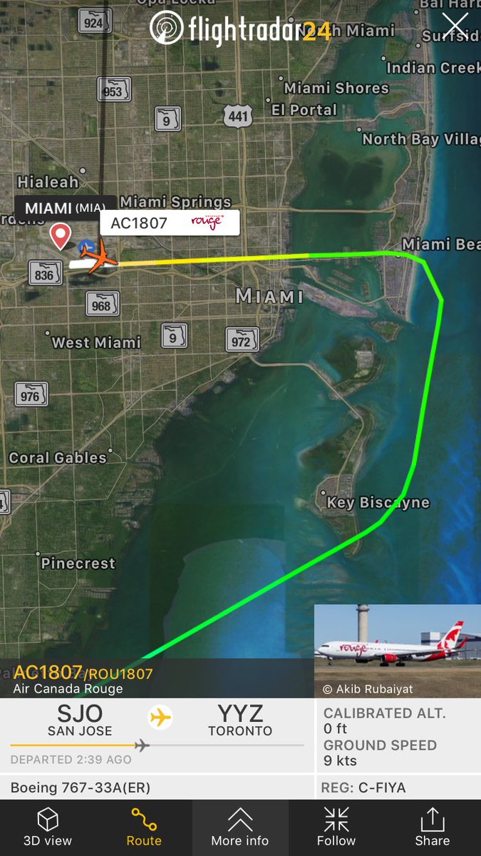 TomPodolec's tweet photo. Update @AirCanadaRouge #AC1807 San Jose to #Toronto diverted to Miami. Unruly passenger. Now at their gate at MIA. #ROU1807 https://t.co/I9bAXO29kx