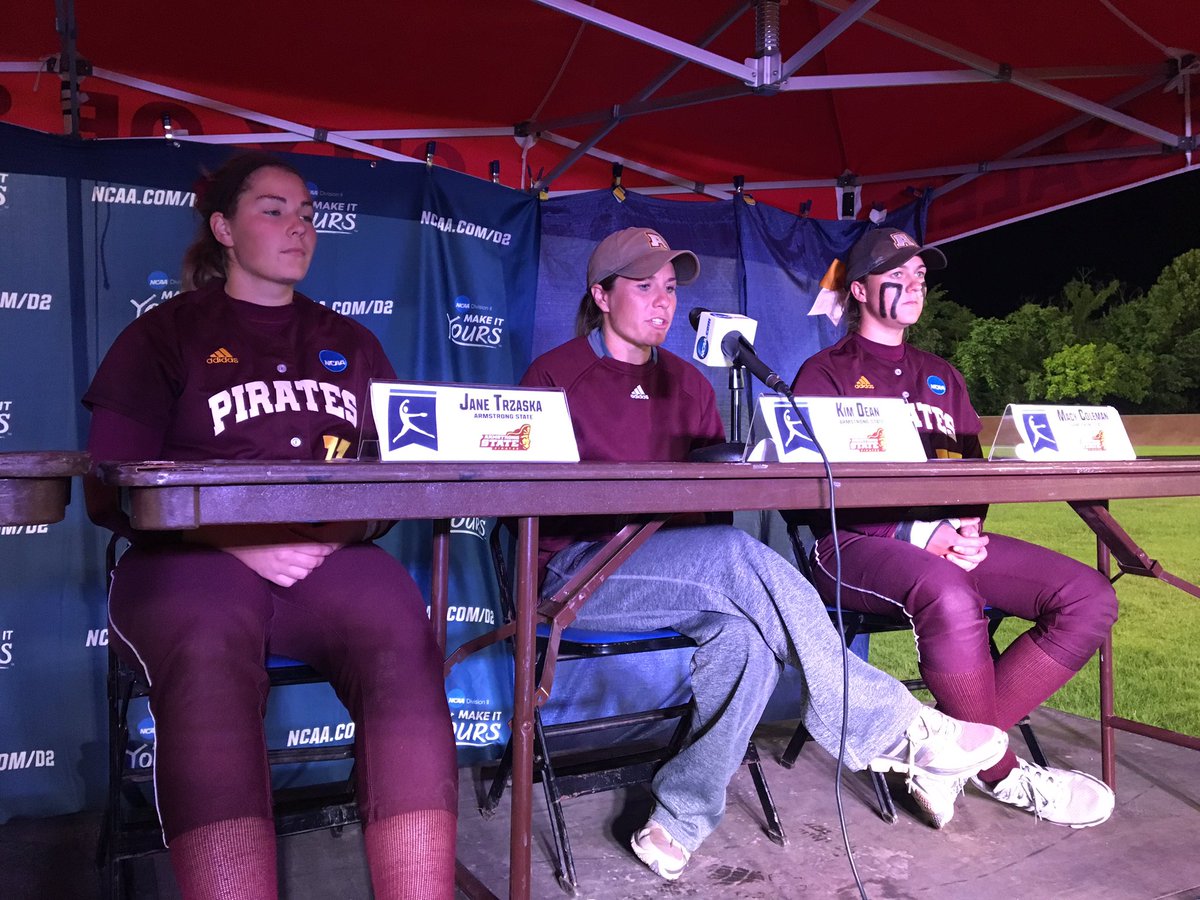ArmstrongPirate's tweet photo. Post-game with head coach Kim Dean @deanofsoftball5 SS Macy Coleman &amp; P Jane Trzaska @NCAADII #RememberThePirates https://t.co/vsrFcws2xI
