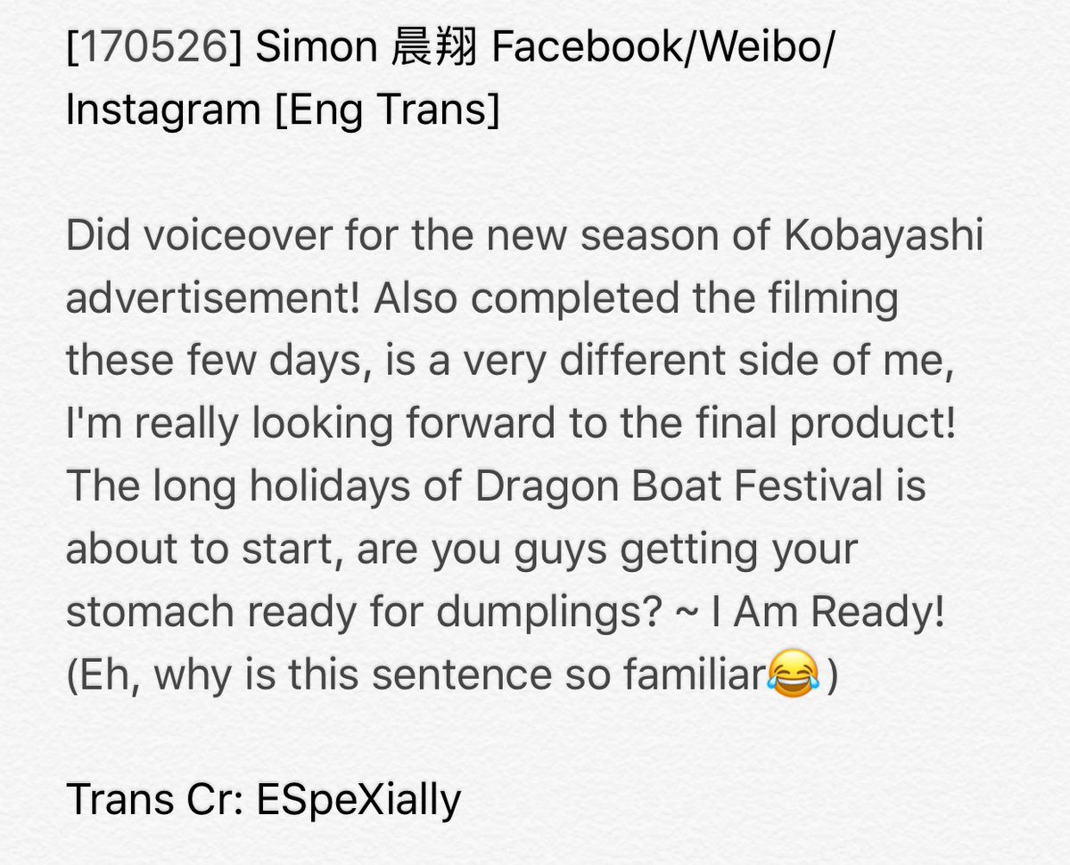 ESpeXially's tweet photo. [170526] Simon 晨翔 Facebook/Weibo/Instagram [Eng Trans]
#Simon #晨翔 #ESpeXially https://t.co/ZqohdR0pp8