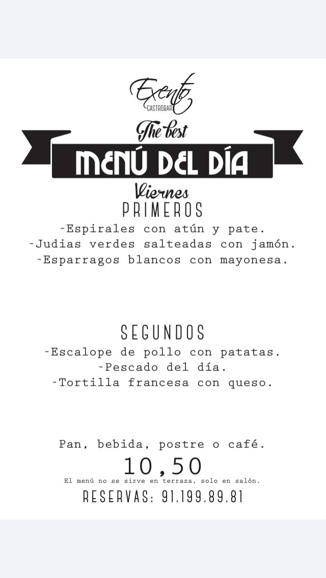 ExentoRestauran's tweet photo. Los #viernes al ☀️!! #Menú y comenzamos el finde!! #ParqueOeste #Alcorcon #Hospital https://t.co/8wMSKCw42j