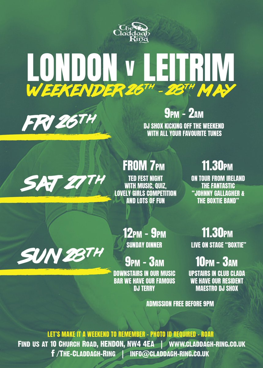 It's the @LONDAINGAA vs @LeitrimGAA Weekender! DJ Shox kicks off your weekend & we have live music from @theboxtieband & of course, DJ Terry