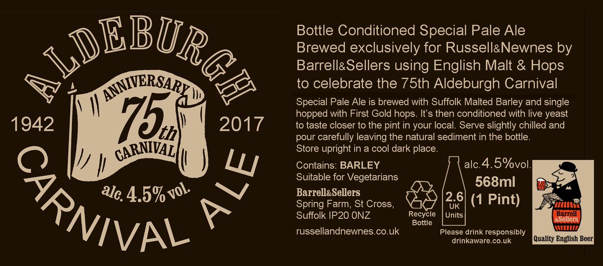 Russell_Newnes's tweet photo. It's here! #aldeburgh Carnival Ale, made by @BarrellSellers . Limited to only 1 brew, to celebrate the 75th @AldeCarnivalUK #realale . https://t.co/SxRrbjDVs1