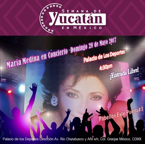 Este domingo a las 5pm ofreceré un concierto en <a href="/ElPalacioMx/">Palacio Deportes Mx.</a>  Pabellón Este, Puerta 5 @SemanaYucatan en CDMX. <a href="/SedecultaYuc/">Sedeculta</a> Entrada Libre