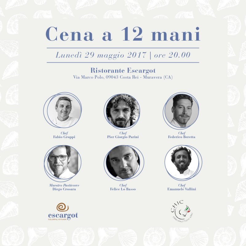 ChicChefs's tweet photo. Quando lo scenario è la spiaggia di Costa Rei, la Cena CHIC è ancora più CHIC: lunedì 29/5 al @escargot_rest un menu 12 mani #chicchef https://t.co/QUjsJA5a3T