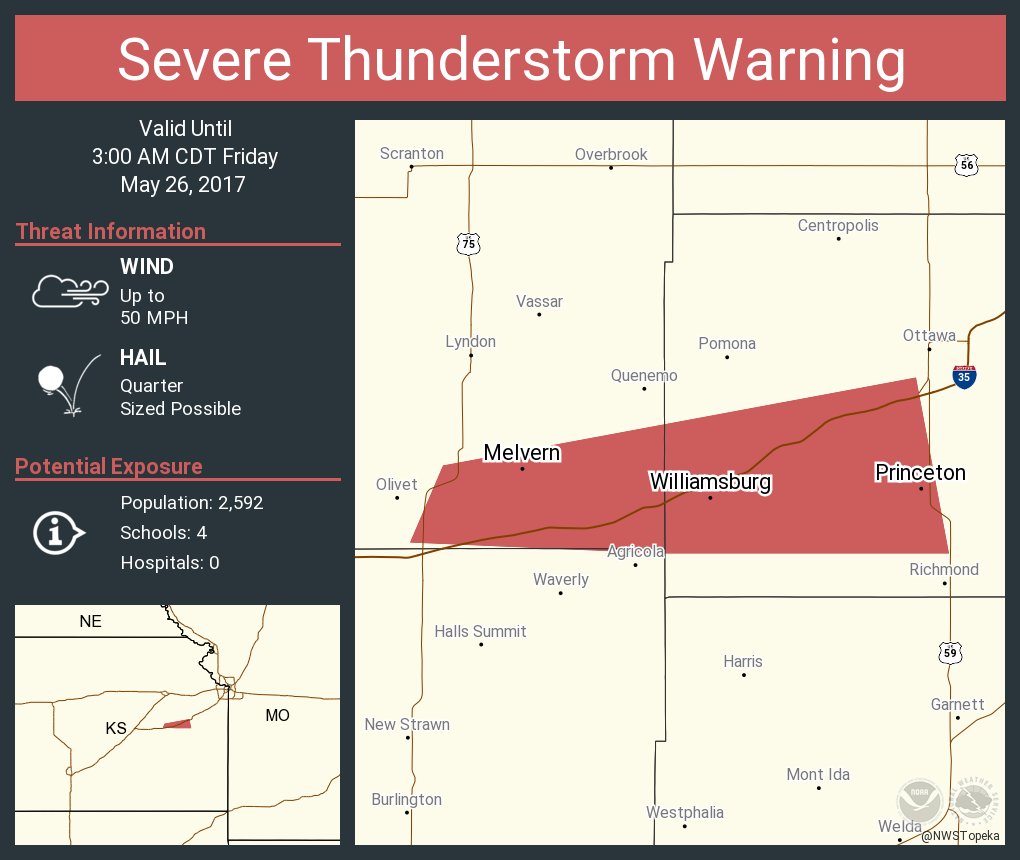 Severe Thunderstorm Warning including Williamsburg KS, Melvern KS