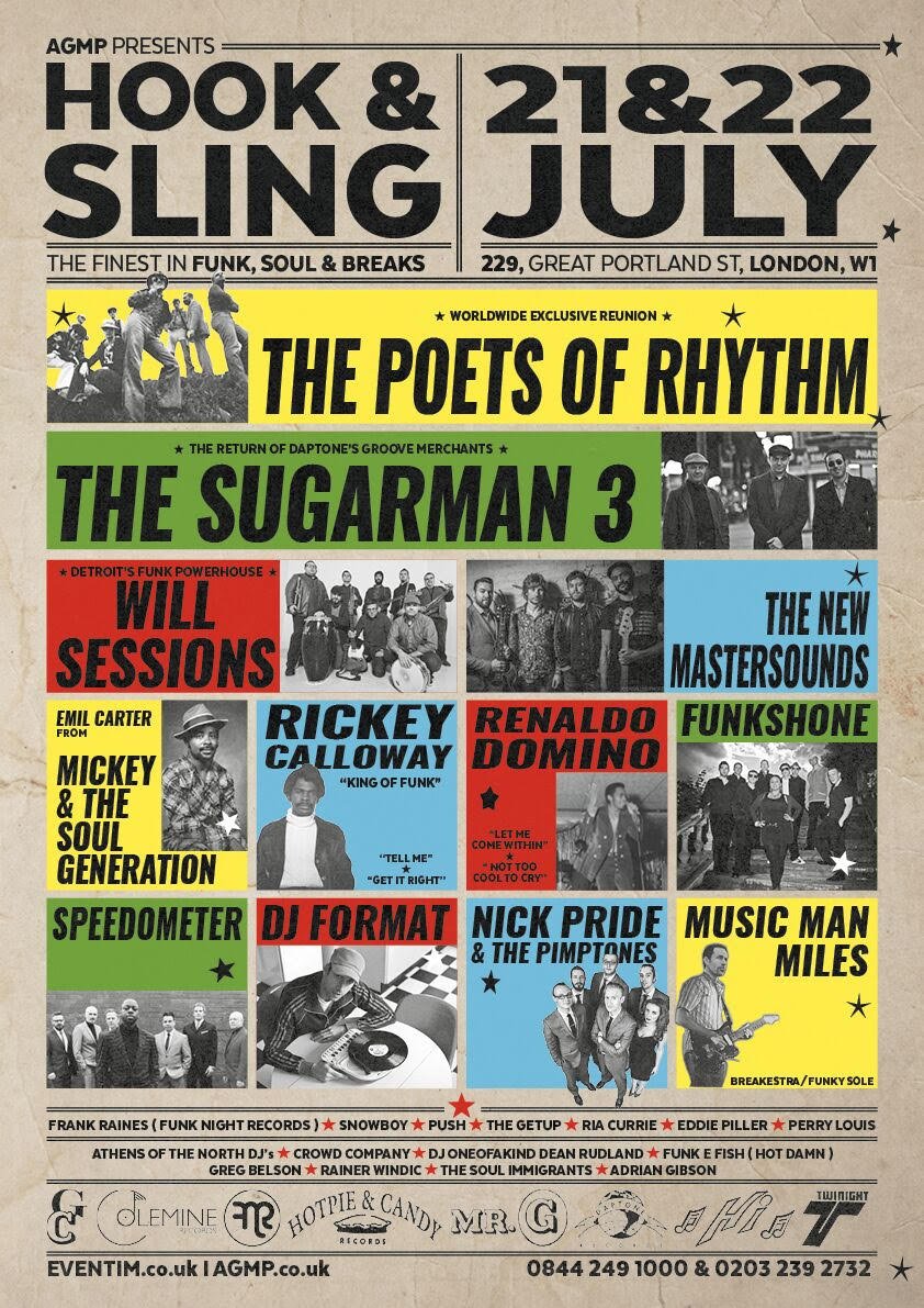 Hook &amp; Sling Festival 21st &amp; 22nd July- the finest funk, soul &amp; breaks!
2 Days - 2 Rooms - 30+ Bands &amp; DJs - 👉 goo.gl/a7zBoV