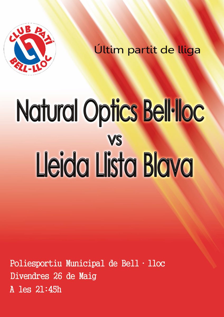 cpbelllloc's tweet photo. Natural Òptics Bell-lloc vs @ICGLleidaLlista ''B'' Derbi Lleidatà de #1aCat per acabar la temporada.
Vine a disfrutar de bon hoquei
 #OkBllc https://t.co/jbGZzOHqYA