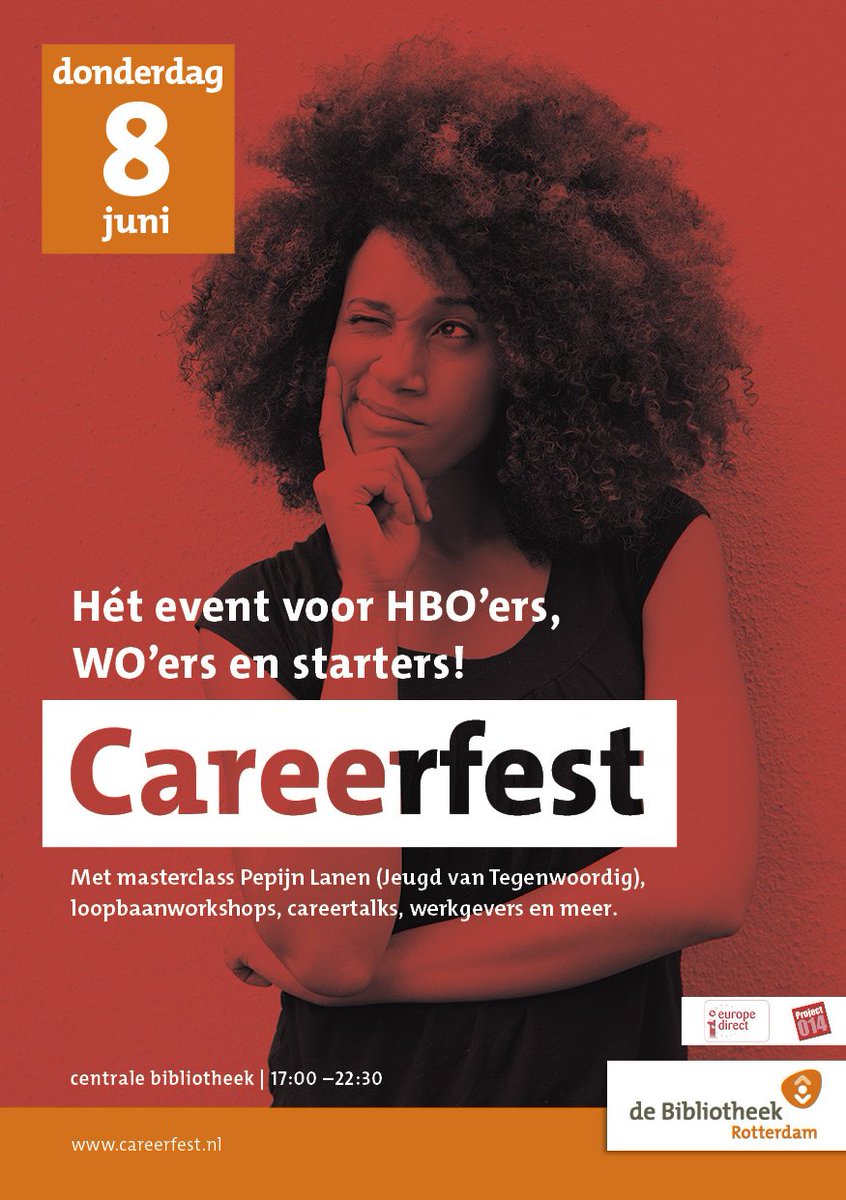 Op donderdag 8 juni is loopbaanfestival <a href="/CareerfestNL/">CareerFest NL</a> in <a href="/Bieb010/">Bibliotheek Rotterdam</a>.

Speciaal voor studenten &amp; starters.
ℹ careerfest.nl

Delen = 👍