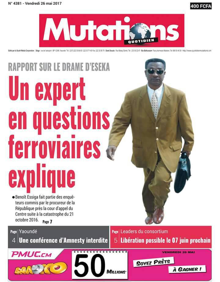 AnniePayep's tweet photo. #Eseka ravie de voir que M. Essiga accepte finalement de parler à la presse #Mutations #26mai #presscmr Hum la une de #ForumLibre là hein https://t.co/HXYJJBG2yh