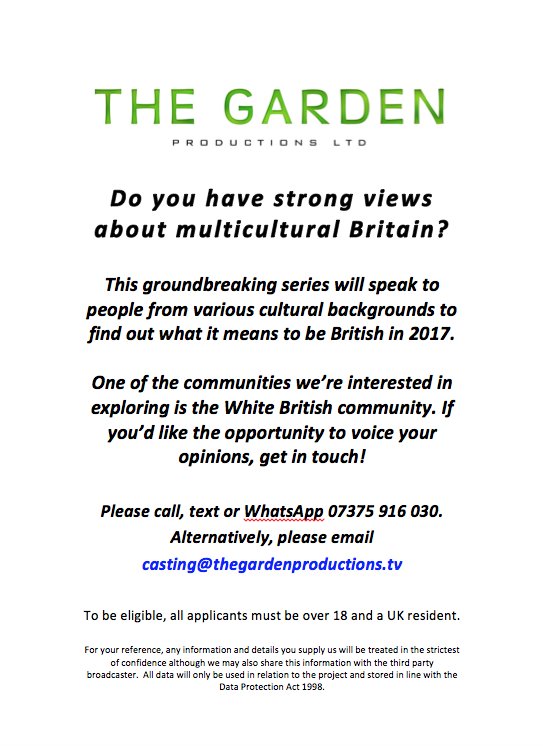 <a href="/AbbiCasting/">Abbi Casting</a> CASTING CALL. Do you have strong views about multicultural Britain? Looking for white British families for new series. PLS RT!