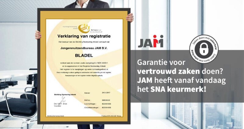JAMwerkt's tweet photo. Goed nieuws! JAM beschikt vanaf vandaag over het #SNA-keurmerk! Bent u benieuwd wat dat voor u betekent? > https://t.co/McYHg5l9xY #NEN4400 https://t.co/2lKulq3KUw